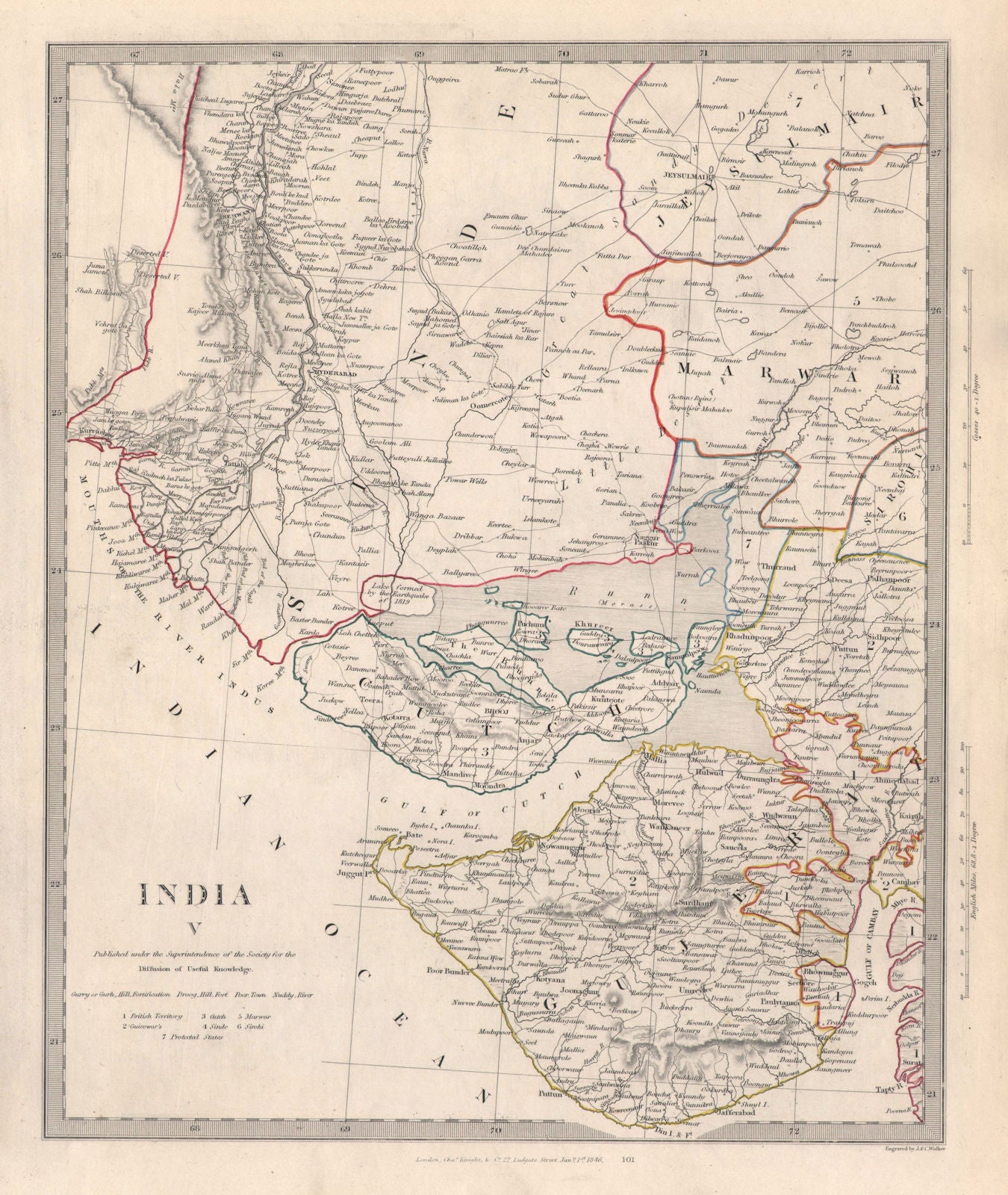 INDIA V.  Sinde-Gujarat. Marwar Cutch Jaisalmer. SDUK 1846 old antique map